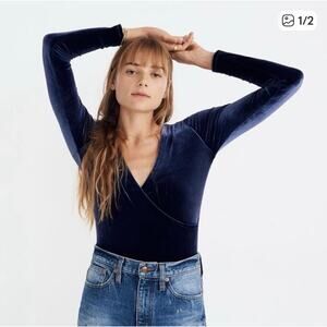 Madewell Blue Velvet Ballerina V neck bodysuit S